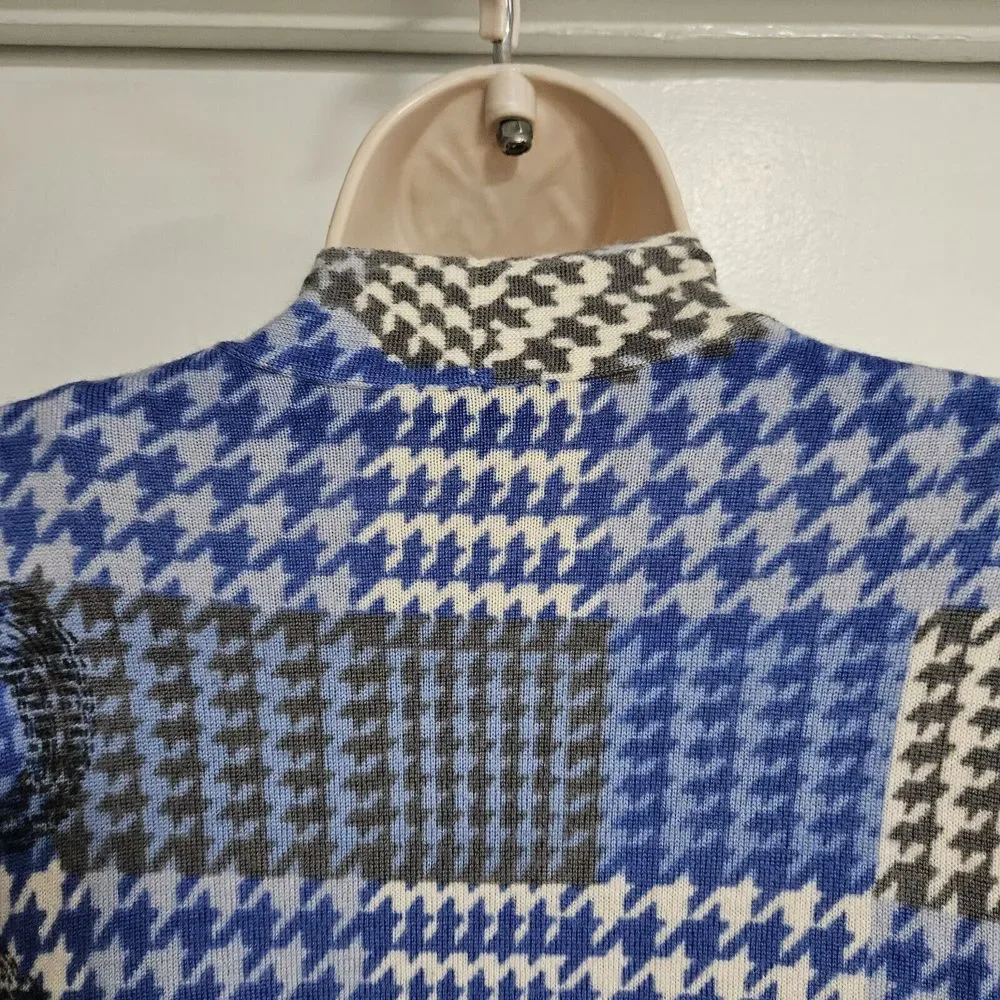Talbots Petite Medium PM‎ Blue Multi Merino Wool Houndstooth Cardigan Sweater - Picture 5 of 8